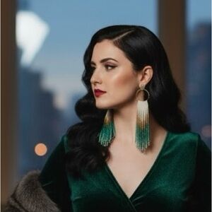 Elegant long Beaded fringe Earrings - white, gold and green